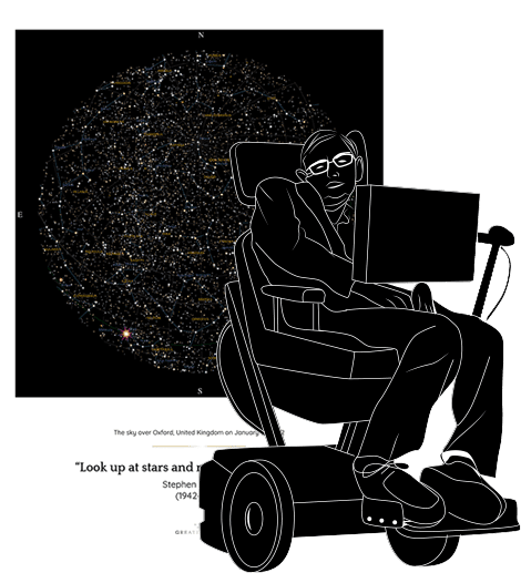 Un dessin commémoratif de Stephen Hawking, avec sa carte des étoiles
